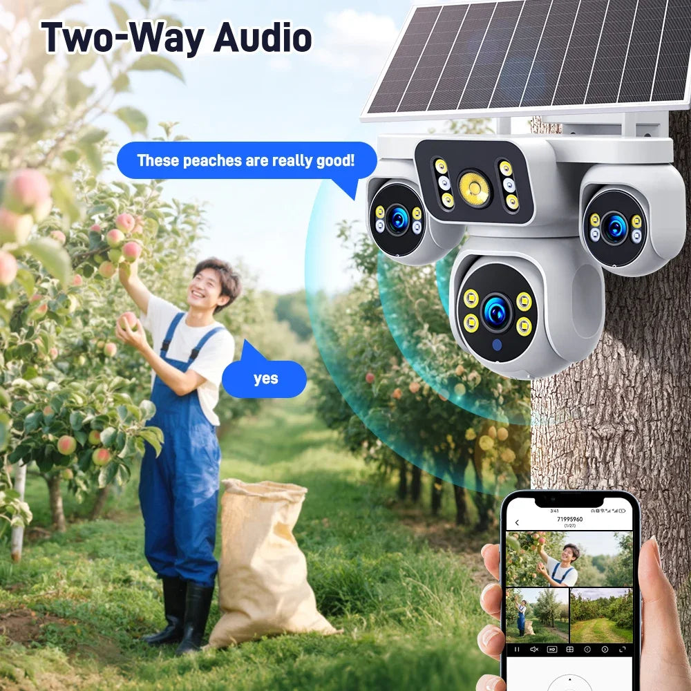 8K 15MP Triple Screen Solar Security Camera 4G LTE Wireless Solar Surveillance Cam 12X Zoom 12000mAh Security Protection CCTV
