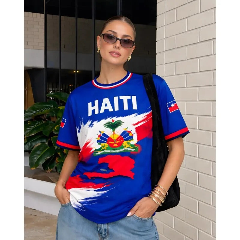 2026 New Women Haiti Flag Soccer Jersey Retro Crewneck Short Sleeve Breathable Loose Fit Streetwear Casual Football Shirt