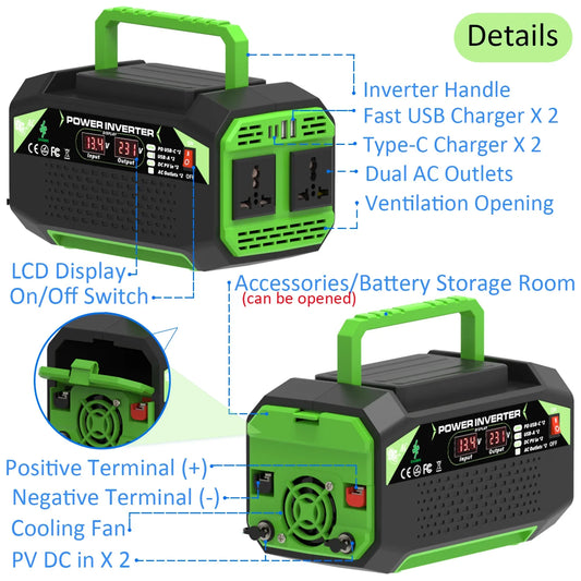 300W/500W Power Inverter DC 12V To AC 110V/220V Voltage Converter with USB and Type-C Ports Suitable for Laptops and Outdoor Use