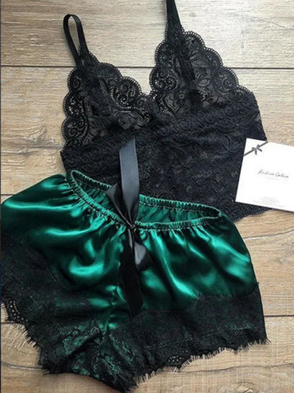 Summer Sexy Sleepwear Womens Lace Sleeveless V-Neck Pajamas Set Lingerie Babydoll Tops Shorts Set Nightwear