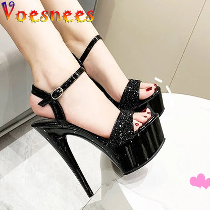 Black Platform Sandals Women's Party Dress Elegant High Heels Summer New Stiletto Shiny Sequins Wedding Shoes Zapatillas Mujer