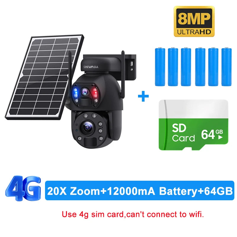 SHIWOJIA 4K 8MP 4G Solar Camera 20X Zoom Dual Lens Recording Humanoid Tracking Outdoor WIFI Camera Metal Waterproof CCTV