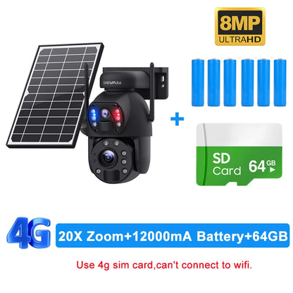 SHIWOJIA 4K 8MP 4G Solar Camera 20X Zoom Dual Lens Recording Humanoid Tracking Outdoor WIFI Camera Metal Waterproof CCTV