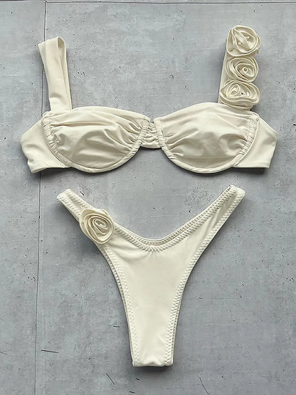 2024 New Bikini Set Womens Steel Plate Solid Color Three-dimensional Flower Split Ladies Swimsuit Women