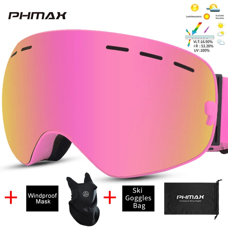 PHMAX Ski Goggles Men Snowboard Glasses Women Winter Outdoor Snow Sunglasses UV400 Double Layers Lens Anti-Fog Skiing Goggles