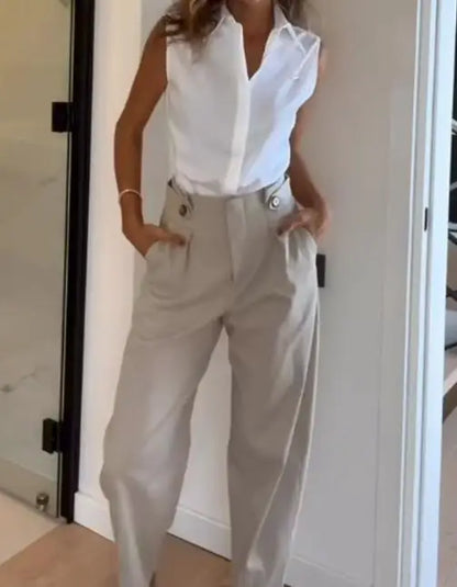 Two Piece Set Women Outfit Spring Summer New Elegant Off Shoulder Turn-Down Collar Shirt & High Waist Straight Pants Set