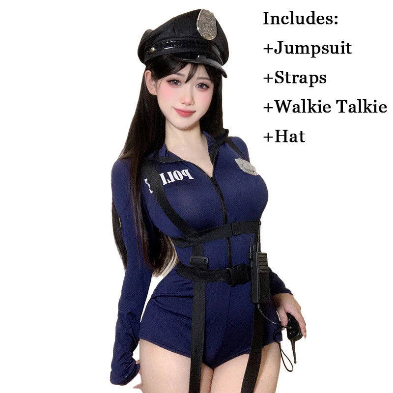 Sexy Policewoman Cop Uniform Bodysuit Blue Suit Police Officer Costume Woman Carnival Party Clubwear Halloween Cosplay Costumes