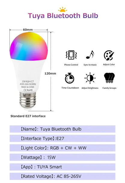 Tuya WiFi Bluetooth E27 Smart Bulb RGBCW 100-240V 15W LED Lamp E27 Light Bulbs App Voice Control Support Alexa Google Home Alice