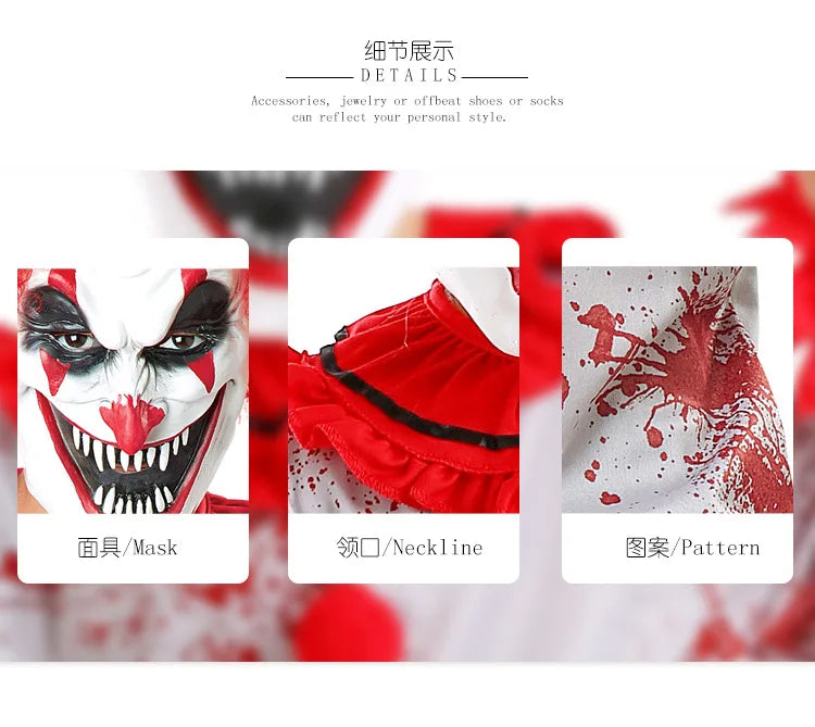 Movie Killer Clown Costume Cosplay For Boy Girl Scary Clown Gray Jumpsuit with Blood Fancy Hallween for Boys Terror Jumpsuit