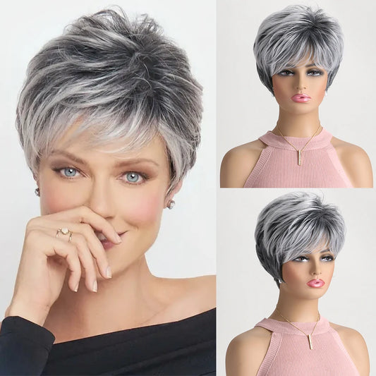 Short Natural Wigs with Bangs Soft Mommy Hair Daily Use Short  Grey Ombre Curly Synthetic Hair Costume Party Wig for Women