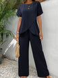 Casual Solid Suit Women 2025 Fashion Round Neck Short Sleeve Irregular Split Top Elastic Waist Trousers Two Piece Set