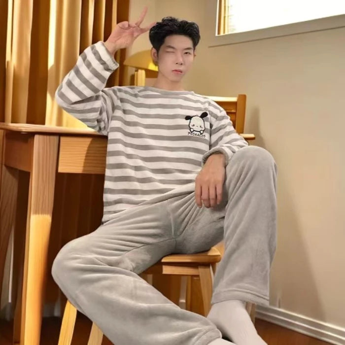 Autumn Winter Oversized Cartoon Print Pajamas for Men Letter Crew Neck New 2025 Men's Pajamas Set Fashion Soft Casual Homewear