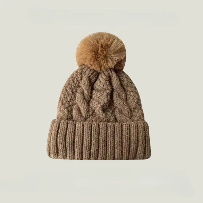 Winter Twist Knitting Hats Warm Fur Pompom Thick Plush Cap Beanies Solid Ladies Versatile Ski Snow Skullies Beanies Velvet Hat