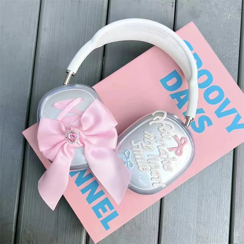 Cute Girl Pink Silk Bow Soft Headphone Earphone Case Cover Protector For Apple Airpods Max