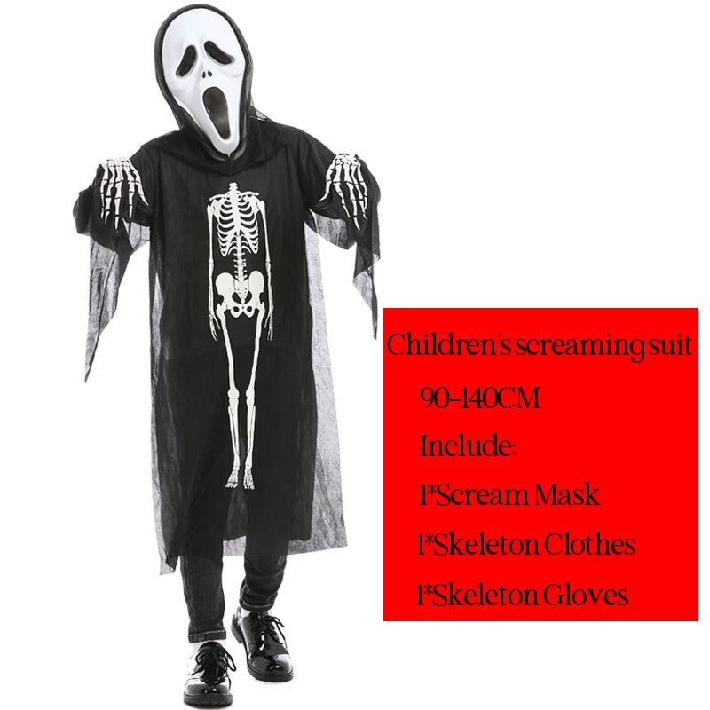 Halloween Scary Skeleton Ghost Cosplay Costume Masks Gloves Costume Suit Masquerade Carnival Horror Clothes for Adults Kids