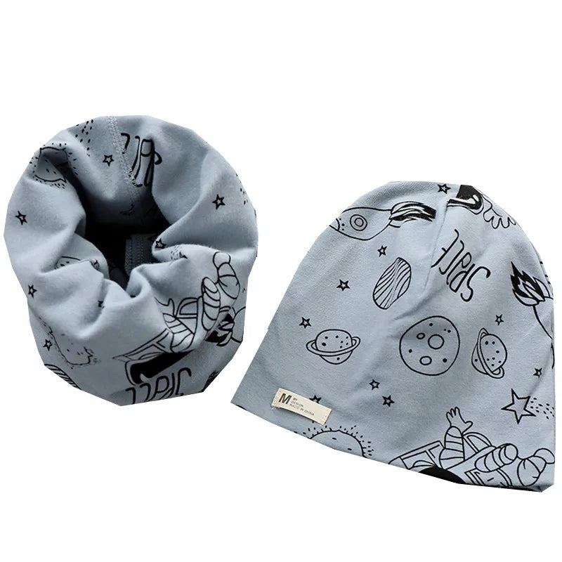Autumn Winter Cotton Knit Children's Hat Collar 2 Set Boys and Girls Hats Set Baby Solid Color Scarf Cap two-piece