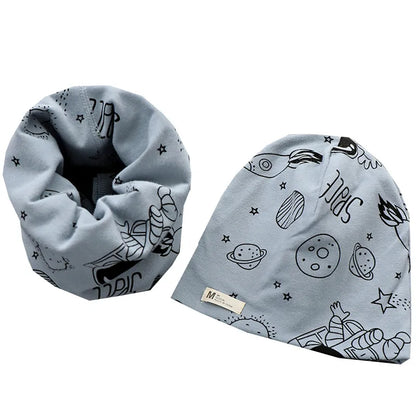 Autumn Winter Cotton Knit Children's Hat Collar 2 Set Boys and Girls Hats Set Baby Solid Color Scarf Cap two-piece