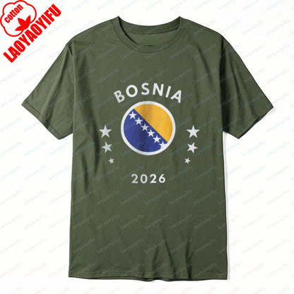 Bosnia 2026 Tee Bosnia Flag Football Soccer High Quality Cotton Shirt Vintage Classic Summer Breathable Clothes for Women Men