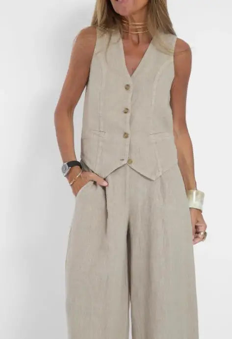 Two Piece Set Women Outfit Spring Fashion New V-Neck Sleeveless Single-Breasted Vest & High Waist Casual Pocket Pants Set