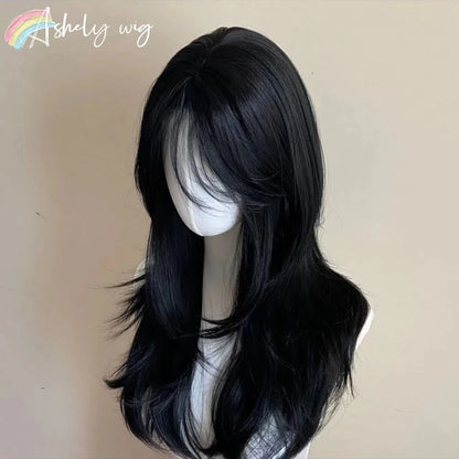 Black Wig Female Headband Body Wavy Rose Hair Net Models in French Bangs High Level Simulation Hair Wig 가발