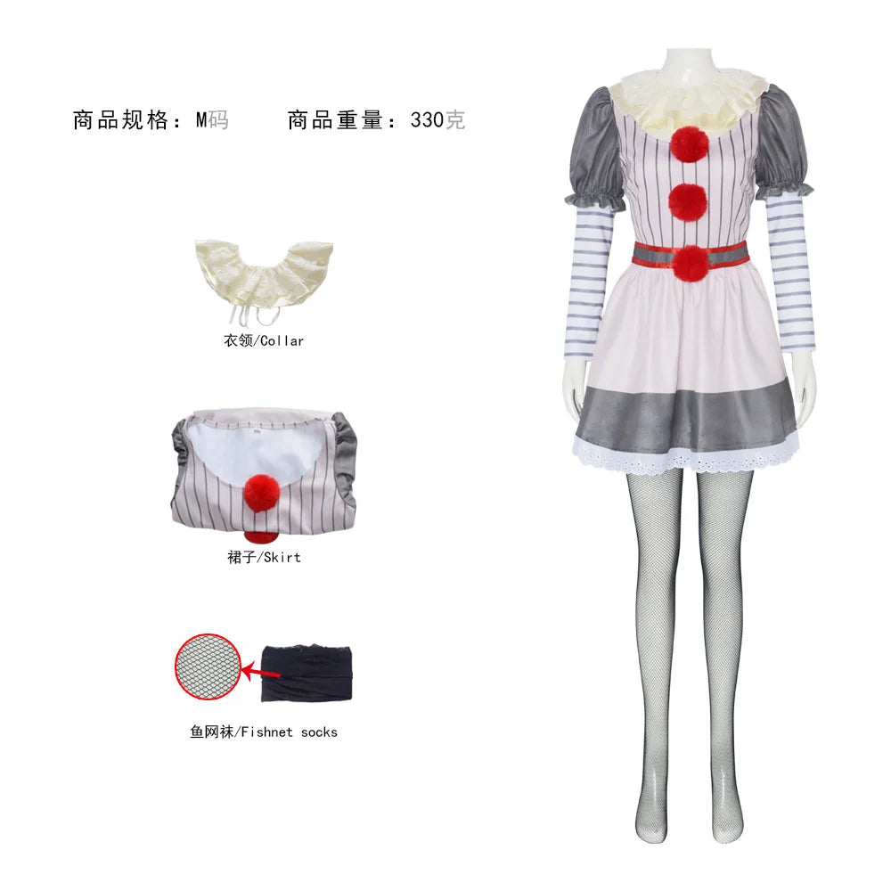 Creepy Killer Clown Halloween Horro Party Cosplay Costume White Dress Scary Roleplay Carnival Women Pennywise Pant Outfit Prop