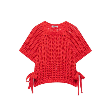 EDSA Women Chunky Knit Top with Side Straps O-Neck Short Sleeves Hollow Out Cropped Sweater Pullover for Casual Female