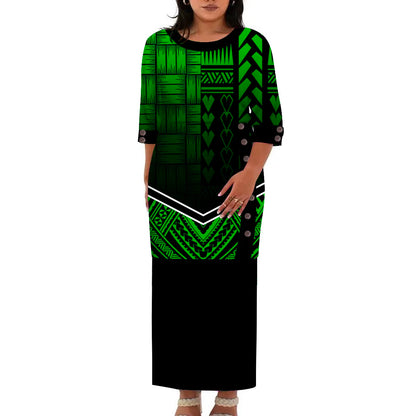 Hawaii Style Design Big Size Ladies Long Dress Custom Polynesian Puletasi Ptaha Dress O Neck Prom Clothes 2 Piece Outfits Sets