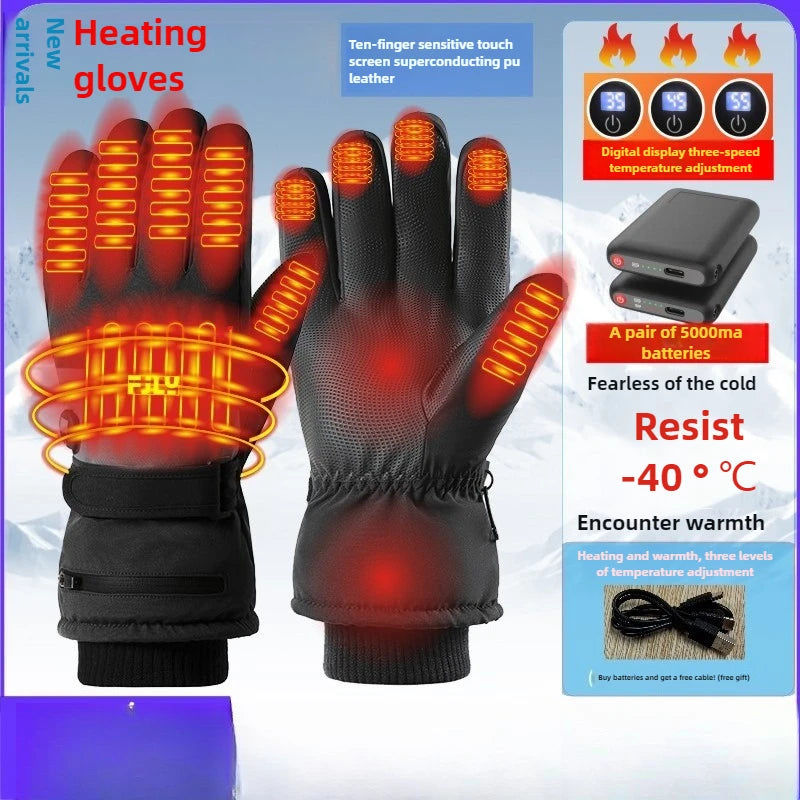 Smart Heated Ski Gloves USB Recharge 3-Heat Carbon Fiber Waterproof Touchscreen LED Digital Temp Winter Snowboard Cycling
