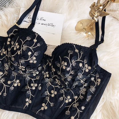 2 Pieces Sexy Lace Flowers Embroidery Underwear Set for Women French Body Shaping Push Up Bra Set Romantic White Lingerie Sets