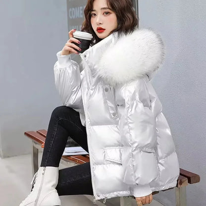 2025 Winter Fashion New Warm Duck Down Jacket Women's Clothes Glossy Fur collar Thicken Parka Short Down Coat Female Trend