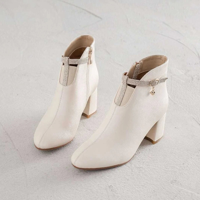 Leather Waterproof Women's Ankle Boots Round Toe Elegant Luxury Heeled Female Short Shoes Autumn Winter Warm Chic Pu Booties