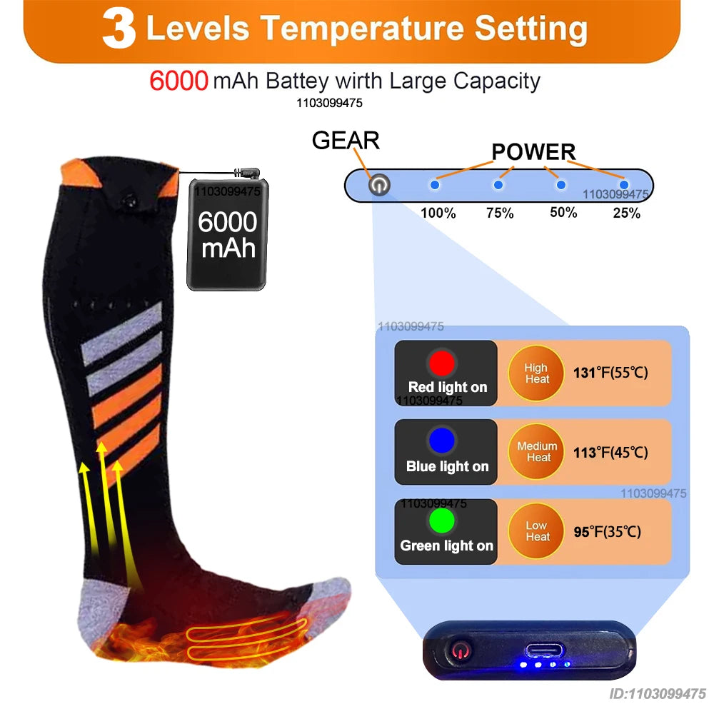 New Heated Socks for Men Women Rechargeable 6000mah Battery Electric Socks Winter Foot Warmer Outdoor Skiing Hunting Fishing