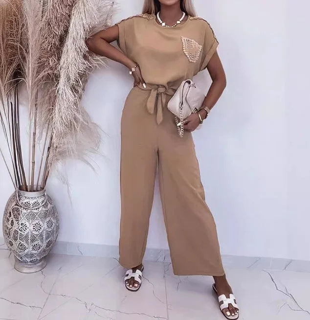 Two Piece Set Women Outfit Summer Lace Patchwork Round Neck Short Sleeved Lace Up Top & Casual Daily Wide Leg Pants Set