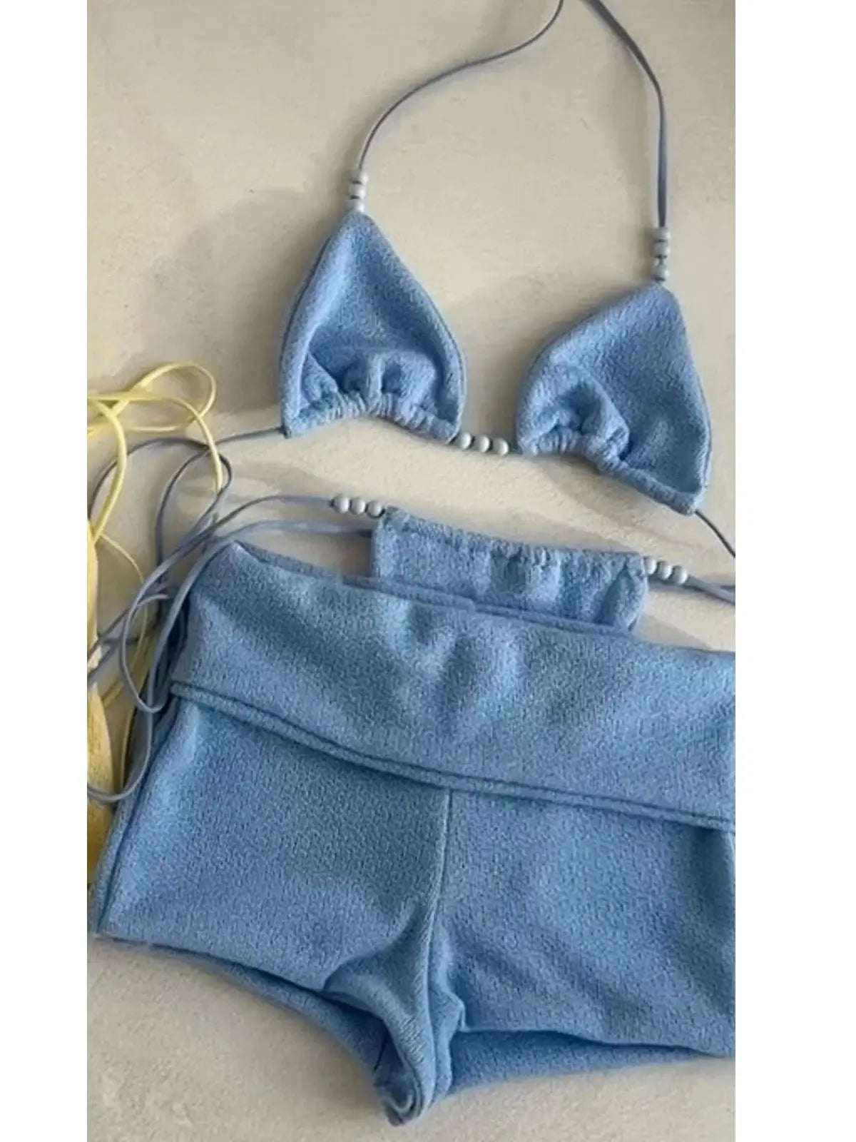 Bikini with Pants Swimwear Women Sexy Halter Tie Knot Two-Piece Bikini Set Soild Swimsuit Shimmer Bathing Suit Summer