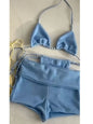 Bikini with Pants Swimwear Women Sexy Halter Tie Knot Two-Piece Bikini Set Soild Swimsuit Shimmer Bathing Suit Summer