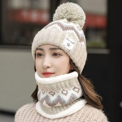2PCS Winter Women Plush Velvet Hats Neck Warmer Hat Scarf Set Beanies Cycling Windproof Hat Outdoor Ear Protection