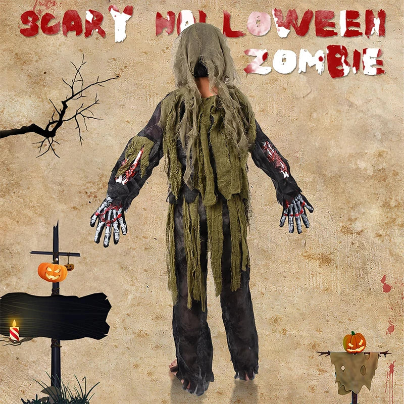 2025 New Arrival Scary Boy Burning Creepy Dead Halloween Fancy Dress Up Kids Skeleton Zombie Costume