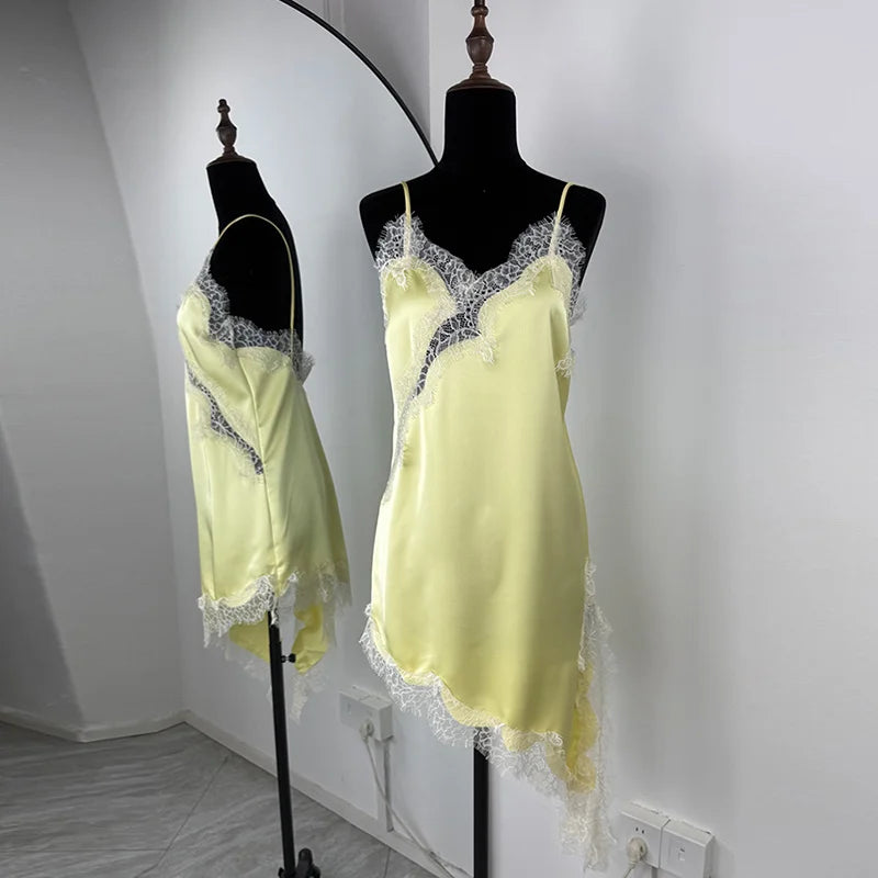 Sexy Irregular Satin Lace Dress Women Fashion V Neck Hem Suspender Mini Dresses 2025 New Fashion Party Vestidos Camisole Dress