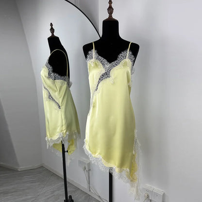 Sexy Irregular Satin Lace Dress Women Fashion V Neck Hem Suspender Mini Dresses 2025 New Fashion Party Vestidos Camisole Dress
