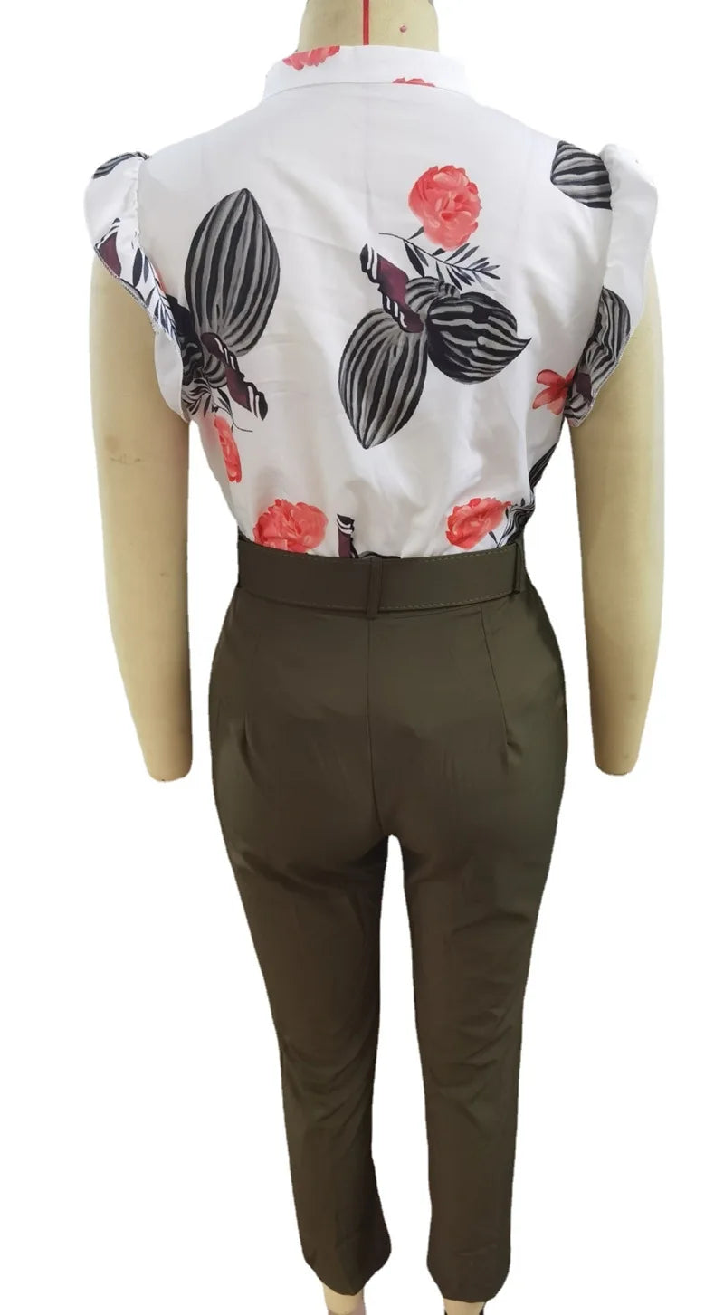 Womens Elegant Slim Two-Piece Sets Summer Fashion Print V Neck Button Flying Sleeve Shirt Top & Solid Long Pants Suits With Belt