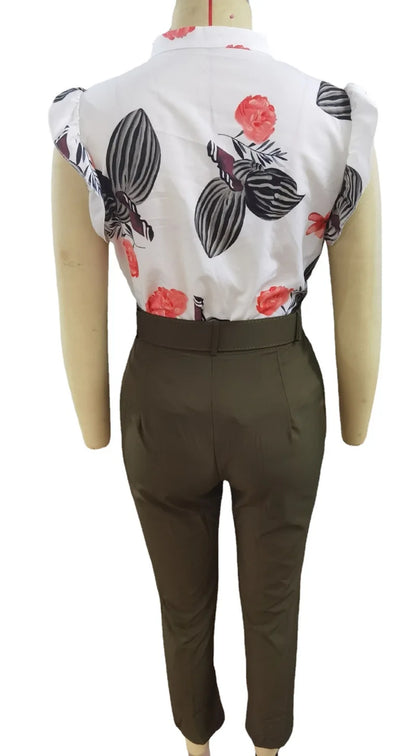 Womens Elegant Slim Two-Piece Sets Summer Fashion Print V Neck Button Flying Sleeve Shirt Top & Solid Long Pants Suits With Belt