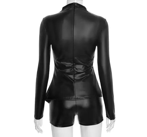 Two Piece Set Women Outfit Spring New Solid Color High Neck Long Sleeve Zipper Split Leather Jacket & High Waist Shorts Set