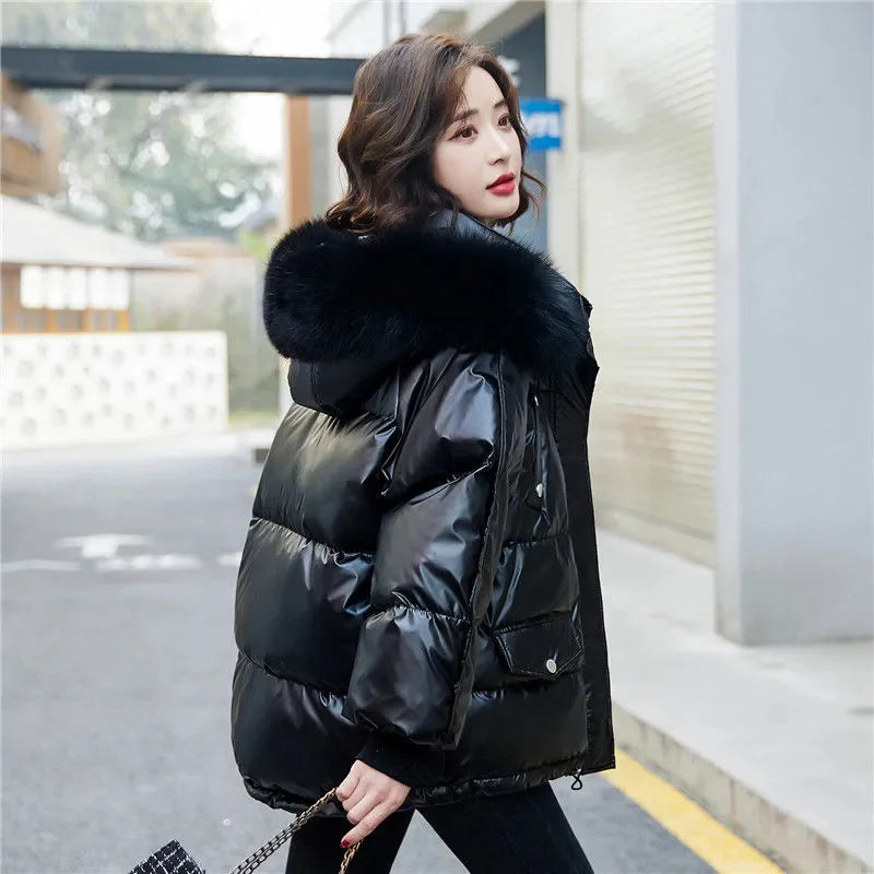 2025 Winter Fashion New Warm Duck Down Jacket Women's Clothes Glossy Fur collar Thicken Parka Short Down Coat Female Trend