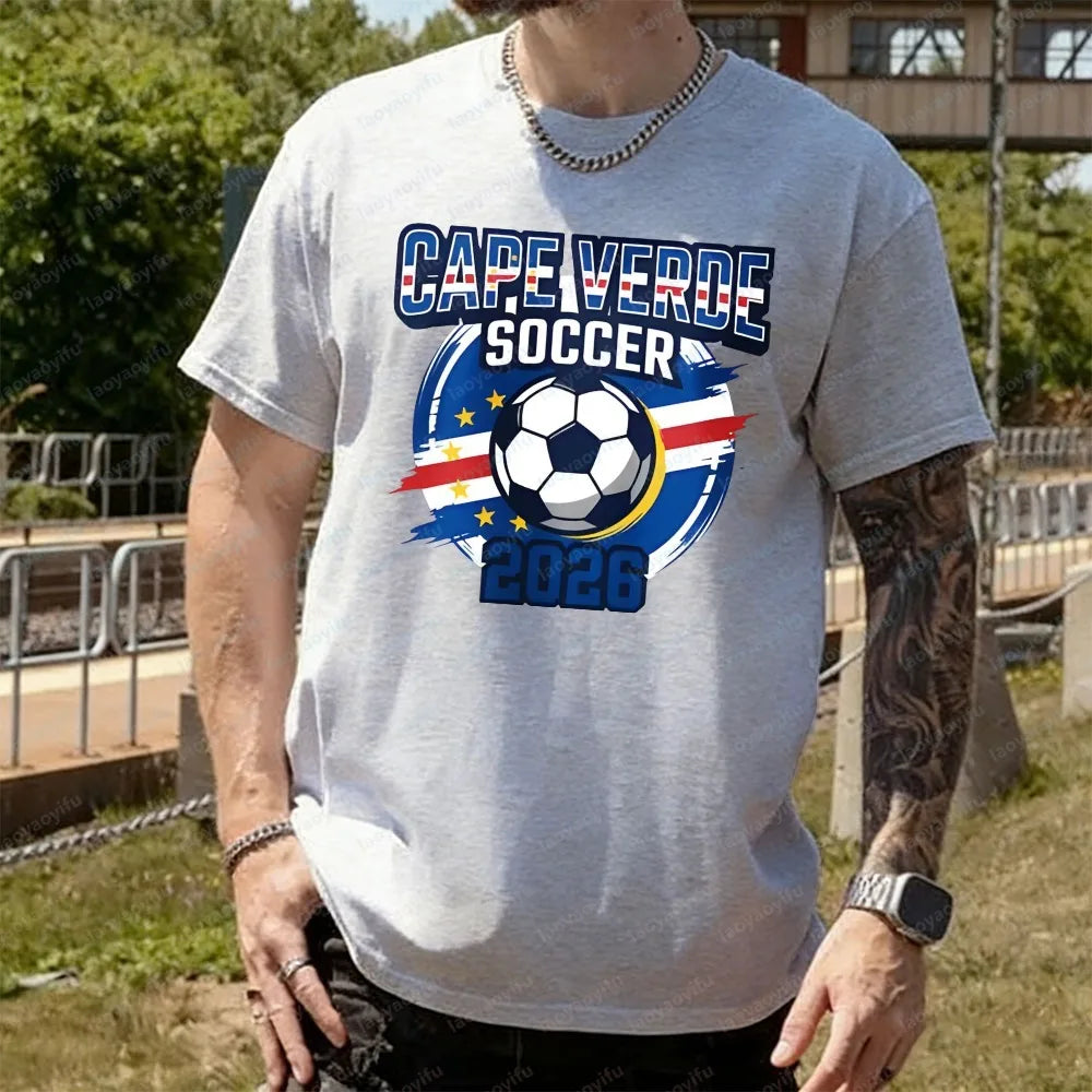 Men's T-Shirt with A Cape Verde 2026 Football Theme Printing Pattern Tshirt Cotton Short-Sleeve Summer Tops Celebration Outfit