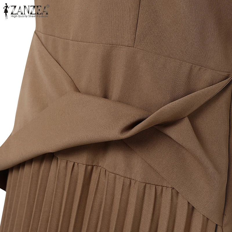 ZANZEA Elegant Office Work Dresses 2025 Women Summer Dress Square Neck Party Sundress Fashion Short Sleeve Pleated Vestidos Robe