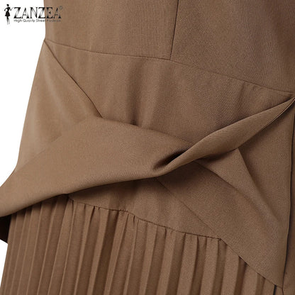 ZANZEA Elegant Office Work Dresses 2025 Women Summer Dress Square Neck Party Sundress Fashion Short Sleeve Pleated Vestidos Robe