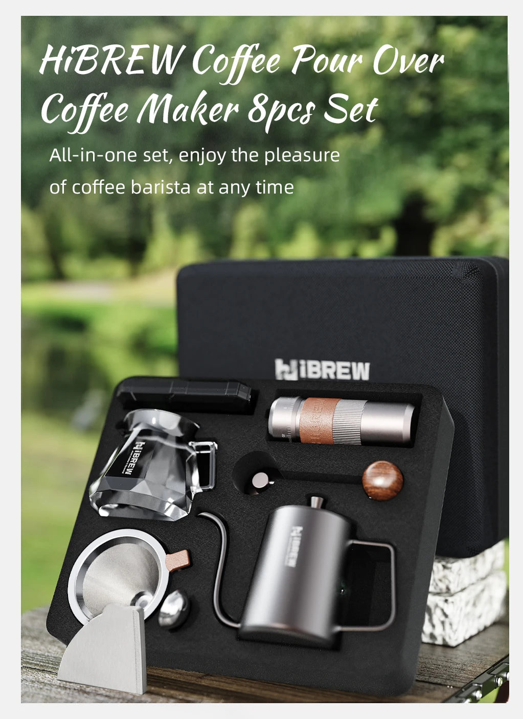 HiBREW Pour Over Coffee Kettles Manual Coffee Grinder Coffee Maker 8 pcs Set