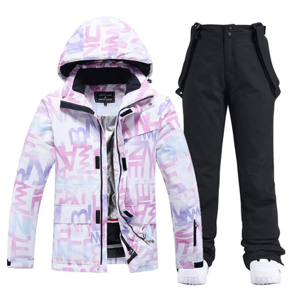 New Fashion Letter Women Ski Suit Winter Windproof Waterproof Snowboarding Jacket and Pants Snow Walking Clothes Female Snowsuit