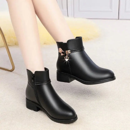 Winter Soft Leather Furry Short Boots for Women - Chunky Heel Warm Cotton Shoes, Flat Black Leather Mom Shoes