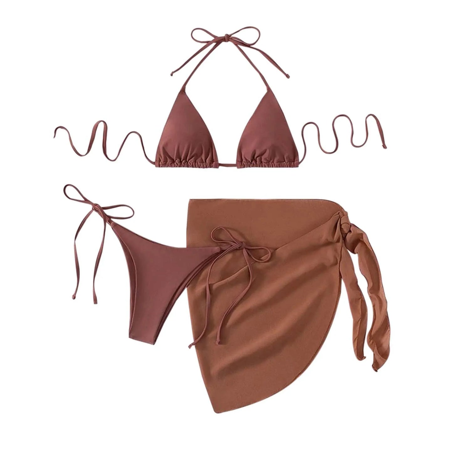 Sexy Three Pieces Bikini Set Women Summer Bikini With Sarong Skirt Solid Color Triangle Cup Tie Up Female Swimwear Swimming Suit